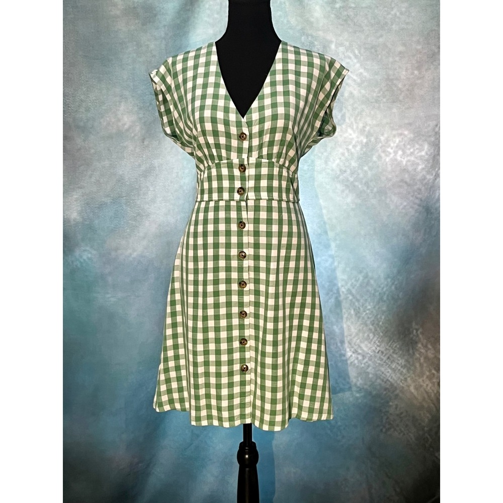 LOFT Green Gingham Button‎ Front V-Neck Dress Womens Size 6 Short Sleeve